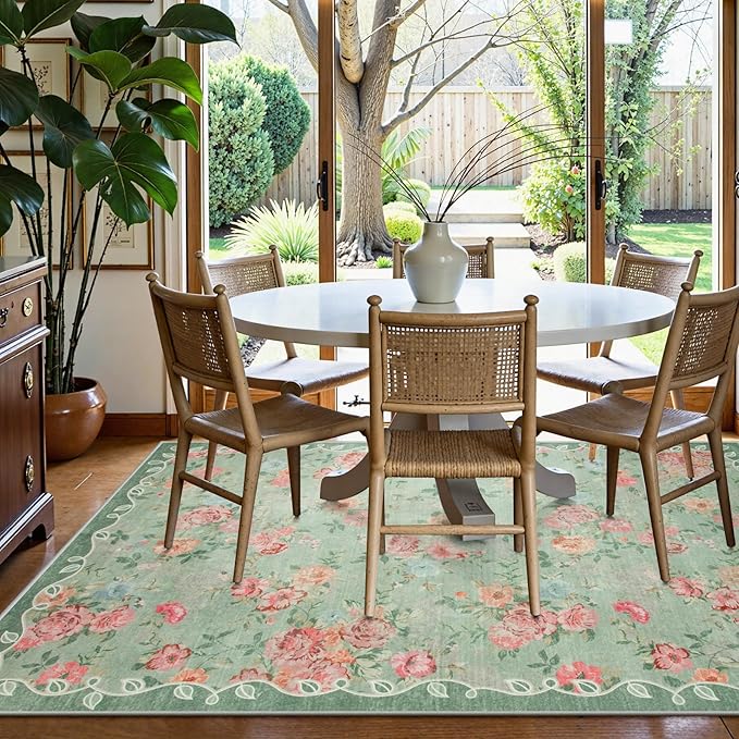 Lahome Floral Living Room Rugs 6x9 Area Rugs, Vintage Green Rugs for Bedroom,Low Pile Ultra-Thin Carpet for Farmhouse Dining Room Kids Playroom(6'X9',Green)