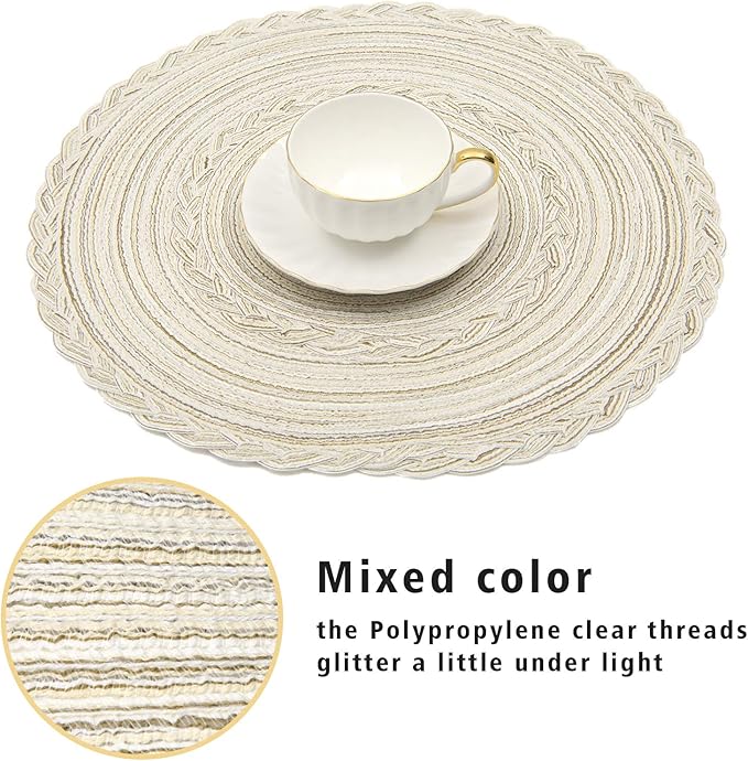 SHACOS 15 inch Round Braided Placemats Set of 12 for Dining Table Woven Boho Place Mats Kitchen Placemat Washable Table Mats, Ivory Bordered