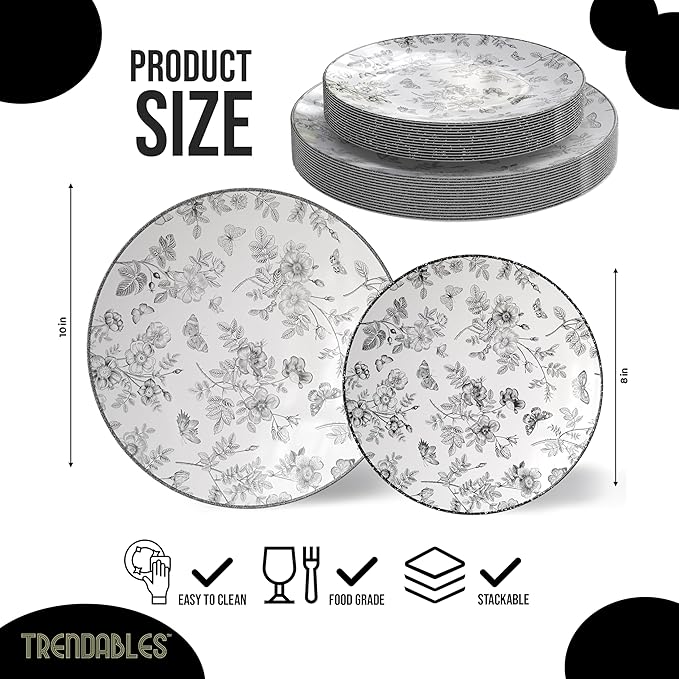 Trendables Disposable Plates For Party Supplies | Black Floral Plastic Plates For Wedding 40 Pcs - 20 X 8 & 20 X 10 Dinner Plate Sets | Floral Plate Set Disposable Plastic Dinnerware Sets