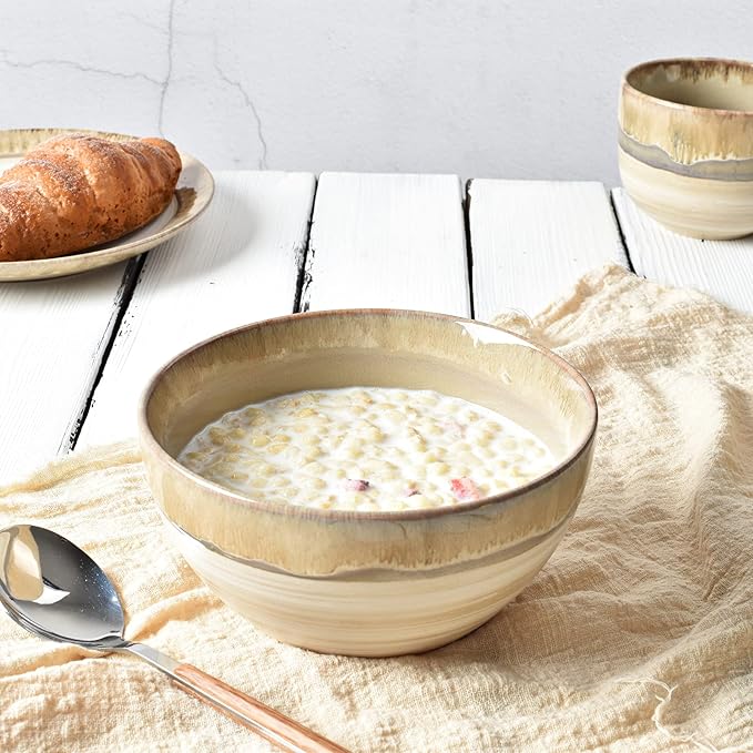 Bosmarlin Stoneware Soup Bowl Set of 4, 26 Oz, Cereal Bowl for Oatmeal, Dishwasher and Microwave Safe, Reactive Glaze (Brown Grey, 6 in)