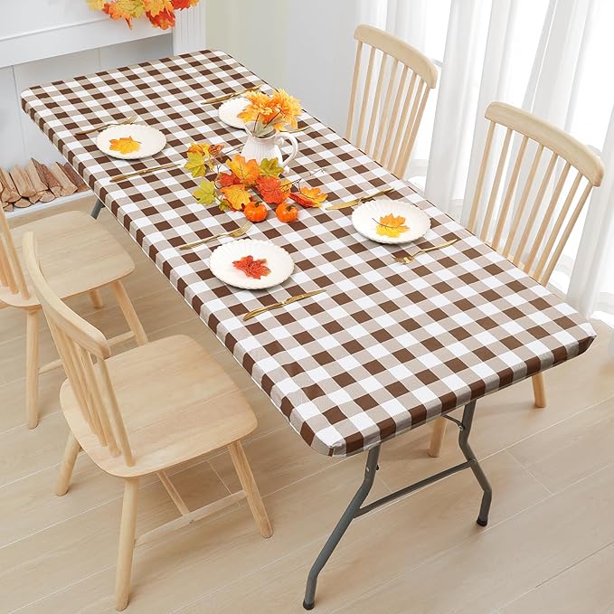 Smiry Rectangle Picnic Table Cloth, Elastic Waterproof Fitted Vinyl Tablecloths, Flannel Backed Buffalo Plaid Table Covers for Dining, Camping, Outdoor (White and Brown, 30" x 96")