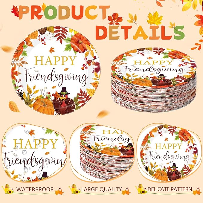 60 Pcs 7 Inch Happy Friendsgiving Paper Plates Give Thanks Plates Decorations Fall Pumpkin Turkey Tableware for Autumn Harvest Thanksgiving Dinner BBQ Picnic Farmhouse Party Supplies