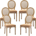 Vintage French Rattan Dining Chairs Set of 6, Round Back Accent Chairs with Rattan Backrest and Upholstered Linen Seat, Solid Wood Frame Sillas de Comedor for Dining Room & Kitchen, Camel