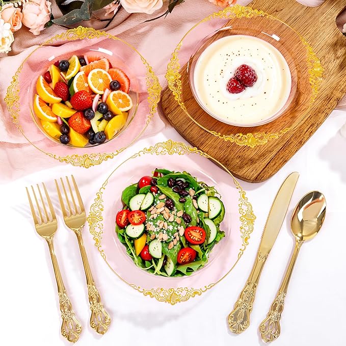 100PCS Clear Pink Plastic Bowls - 12 oz Pink Gold Disposable Salad Bowls - Heavy Duty Disposable Soup Bowl - Fancy Plastic Ice Cream Bowl for Weddings Valentine's Day Parties Dinners Picnics