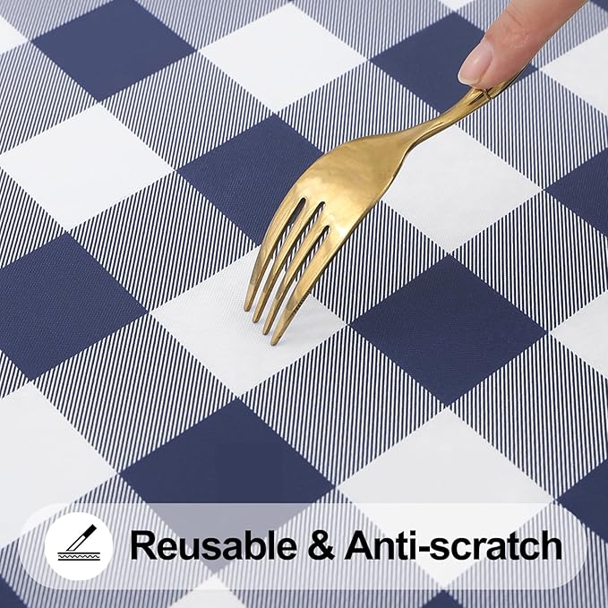 Smiry Rectangle Picnic Table Cloth, Elastic Waterproof Fitted Vinyl Tablecloths, Flannel Backed Buffalo Plaid Table Covers for Dining, Camping, Outdoor (White and Navy, 36" x 48")
