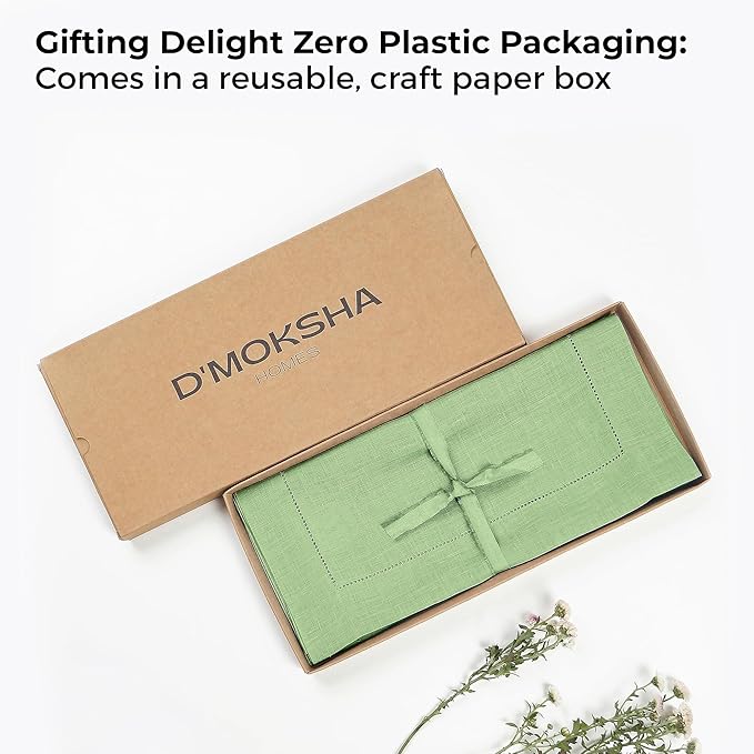 D'Moksha Homes Linen Sage Green Table Runner 108 Inches Long - 100% Pure Linen 14 x 108 Inch Table Runner for Spring, St Patricks Day, Easter - Classic Hemstitch