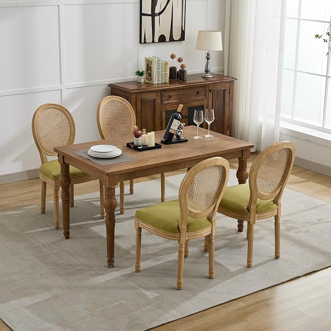 Vintage French Rattan Dining Chairs Set of 4, Round Back Accent Chairs with Rattan Backrest and Upholstered Linen Seat, Solid Frame Wood Sillas de Comedor for Dining Room & Kitchen, Olive Green