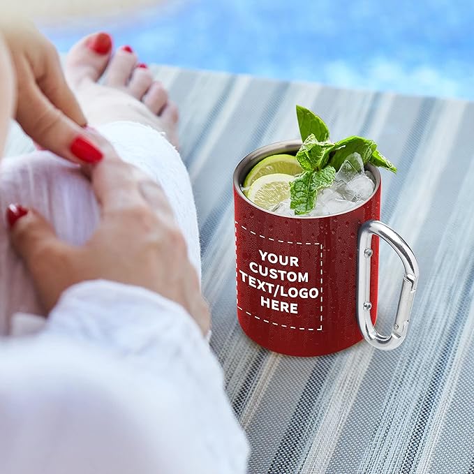 Custom Stainless Steel Mugs with Carabiner Handle 10 oz. Set of 50, Personalized Bulk Pack - Perfect for Coffee, Soda, Other Hot & Cold Beverages - Red