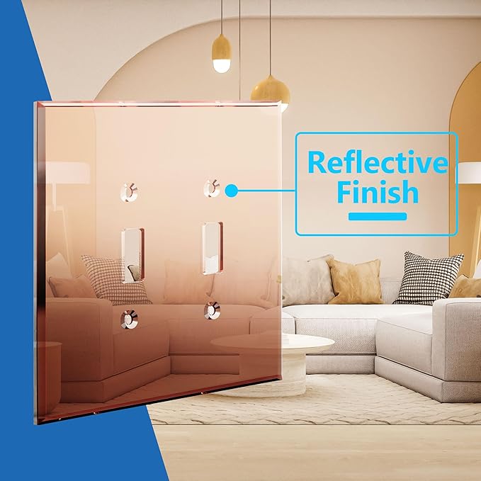 LIDER Double Toggle Switch Acrylic Wall Plate, Mirrored Dual Light Switch Plate, Plexiglass Switch Cover, Reflective Finish, Modern Upgrade, Oversized 2-Gang 5.25" x 5.25", Rose Gold