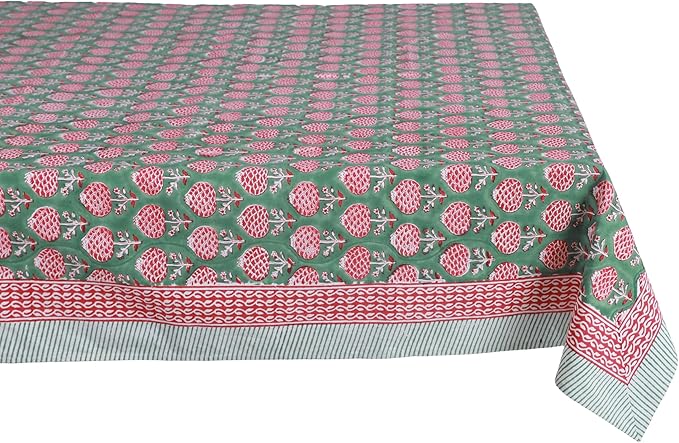 ATOSII Roma Green 100% Cotton Rectangle Spring Summer Tablecloth, Handblock Floral Table Cloth Linen for Kitchen Dining I Parties Wedding Outdoors Easter Picnics Holidays I 72 X 140 Inches I 12 Seater