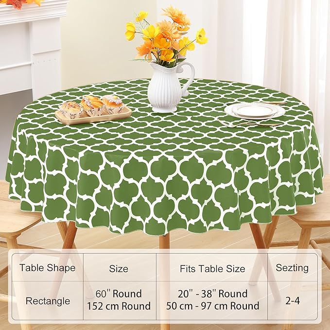 Smiry Round Plastic Table Cloth, Waterproof Vinyl Tablecloth with Flannel Backing for Round Tables, Wipeable & Spillproof for Dining, Camping, Indoor and Outdoor (60" Round, Green)