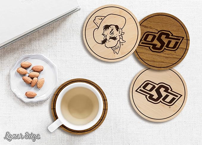 LazerEdge Oklahoma State Cowboys Wooden Coaster Set - Cherry Wood - Officially Licensed Product - 4-Pack