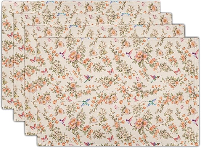 Floral Birds Placemats - Spring Summer Place Mat Set of 4 Hummingbird Butterfly Tablemats 12x18 for Party Kitchen Dining