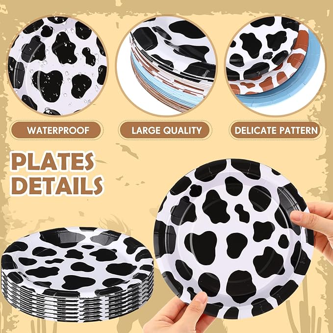 60 Pcs 7 Inch Western Cowboy Party Paper Plates Blue Brown Cartoon Plates Decorations Cow Print Disposable Dessert Dish for Western Theme Farm Birthday Baby Shower Farmhouse Party Supplies