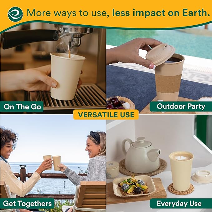 ECO SOUL 100 Pack 16 oz Disposable Coffee Cups with Lids & Sleeves Eco-Friendly, Biodegradable, Compostable, Leak-free & Sturdy To Go Hot Drink Cup for Tea, Chocolate Party Travel Cafe Office & Home