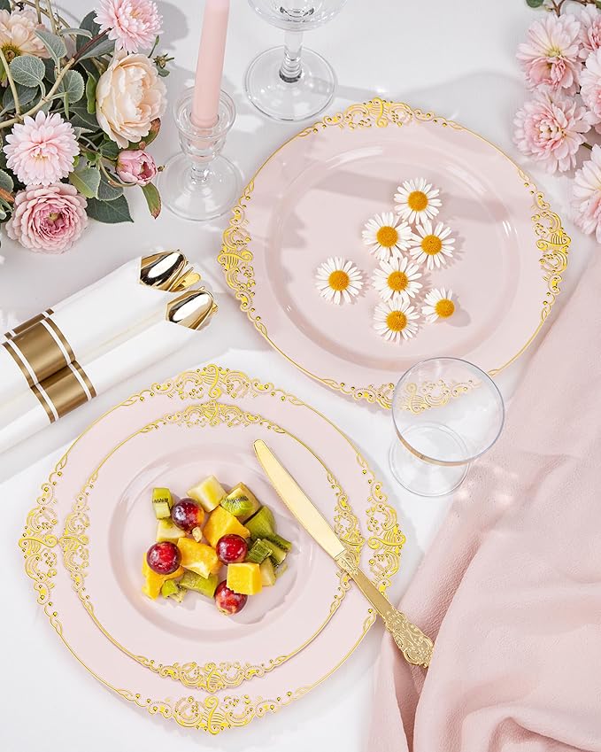 Nervure 100PCS Pink and Gold Plastic Plates - 7.5 inch Pink Plastic Plates with Gold Rim - Disposable Dessert Plate for Wedding & Party