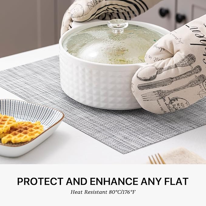 LEXMORE Placemats Set of 8 Vinyl/Plastic Woven Place Mats for Kitchen Table Indoor/Outdoor Washable Placemat Wipeable Dining Table Mats(Gray)