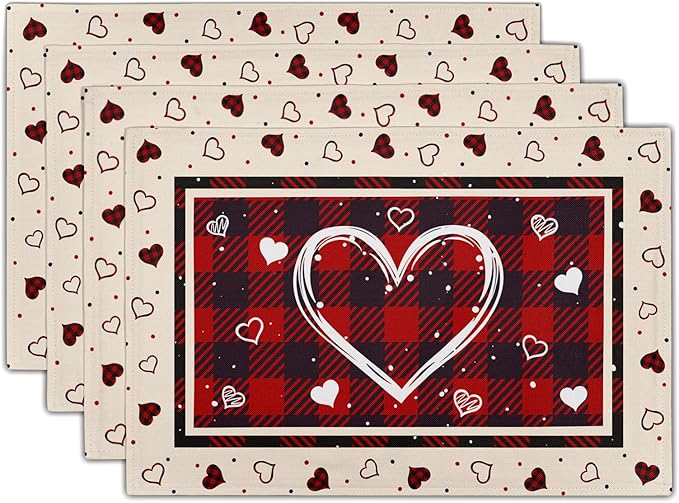 Giwawa Valentine Decorative Placemats Set of 4-12"x18" Love Heart Place Mat with Red Black Buffalo Plaids- Romantic Wedding Anniversary Linen Table Mats for Kitchen Dining Holiday Decor