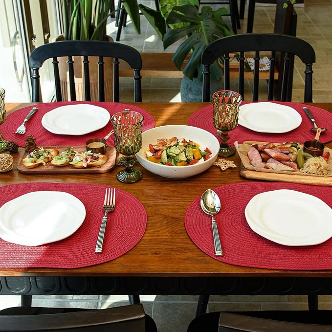 Noctiflorous Oval Braided Placemats Set of 4 Woven 12x18 Inch Non Slip Washable Heat Resistant Place Mats Round Tablemats for Dining Kitchen Party Daily Table Decor Dinner Mats (Red, 4)