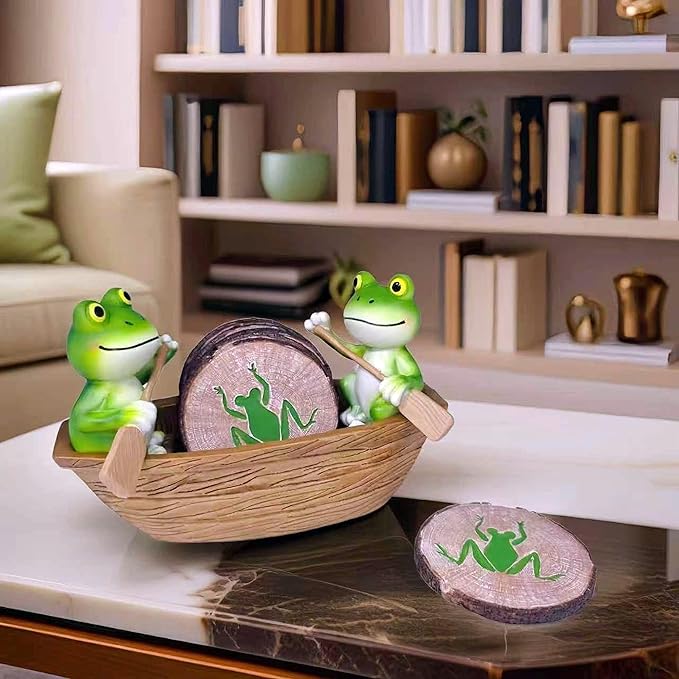 Frog Coasters Set of 6 Rustic Coasters in Handmade Canoe Drink Coffee Mug Wine Beer Bar Round Table Decorative Cute Log Cabin Decor for The Home