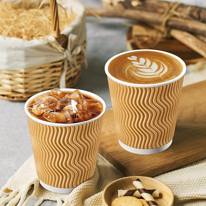 SIUQ 8 oz Coffee Cups - 150 Pack, Insulated Disposable Paper Cups 8 oz, Corrugated Ripple Wall Cups for Hot Beverage or Cold Drinks (Champagne)