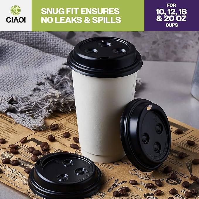 CIAO! 10-24 oz. (90mm) Coffee Cup Sipper Black Dome Lid, 1,000 Count