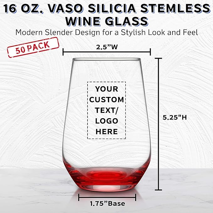 DISCOUNT PROMOS 50 Vaso Silicia Stemless Wine Glasses Set, 16 oz. - Personalized Text, Logo - Clear, Orb-Like, Thick base - Red