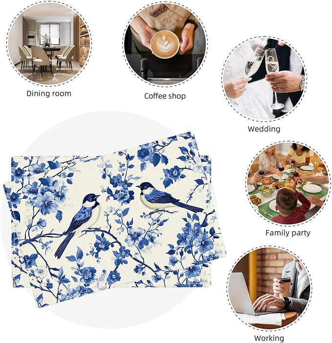 Flower Bird Placemats Set of 4, Blue Birds Place Mats,Blue and White Floral Waterproof Washable Table Mats for Home Party Indoor Kitchen Dining Table Decoration 12x18 Inch