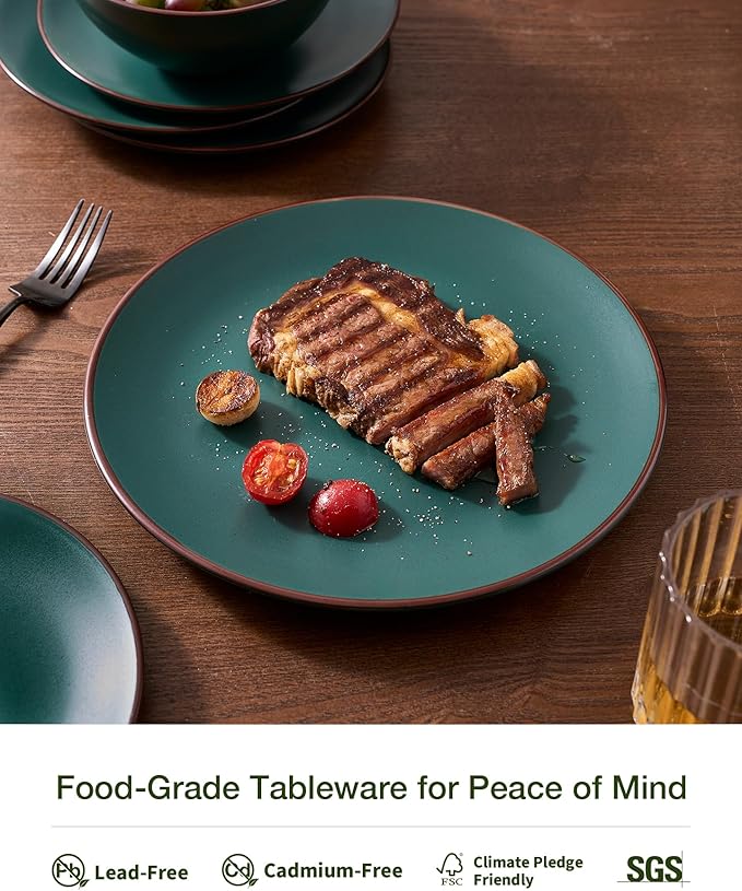 Famiware Venus Speckled Dinnerware Set with Pasta Bowls, Service for 6 (24 Pieces), Stoneware Plates and Double Bowls Sets, Microwave & Dishwasher-Safe Dishes with Trim, Matte Dark Green