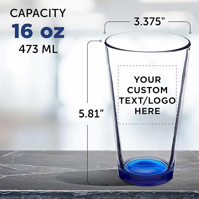 DISCOUNT PROMOS Custom Beer Pint Glasses 16 oz. Set of 10/50/100, Personalized Bulk Pack - Heavy Duty Glassware for Restaurant, Thick Base and Walls, Stackable - Blue
