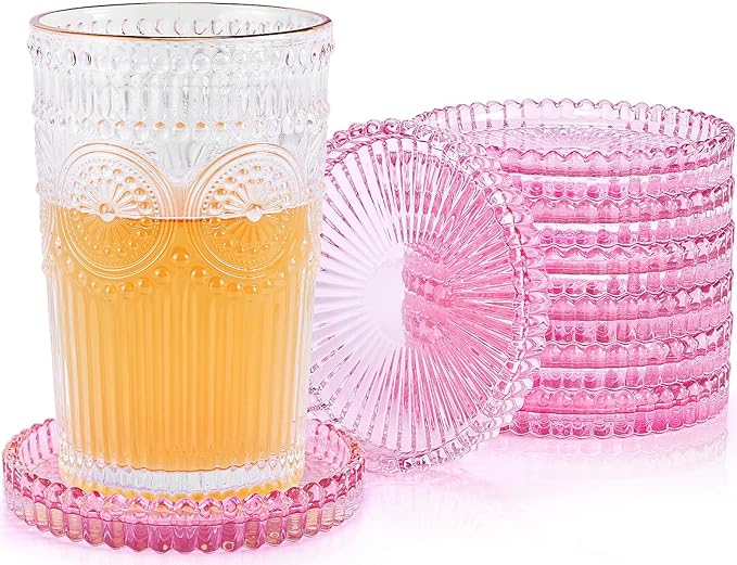 Vintage Glass Coasters, GOH DODD Set of 8 Crystal Coasters Tabletop Protection for Drinks, Home Decor, Kitchen, Living Room, Patio, Wedding, Party, Housewarming Gifts, Clear Pink