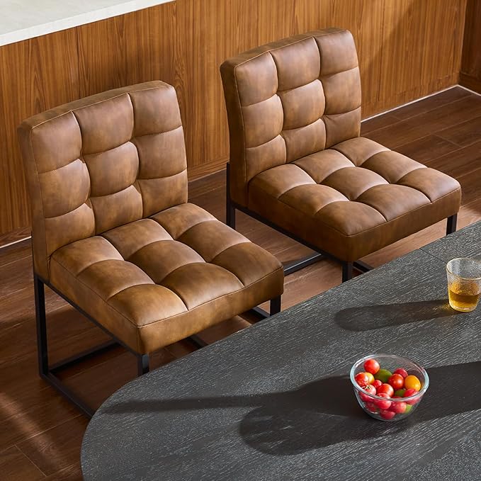 Coffee Faux Leather Dining Chairs Set of 2, Mid-Century Modern Dining Room Chairs with Armless, Checkered Kitchen Chair with Metal Legs