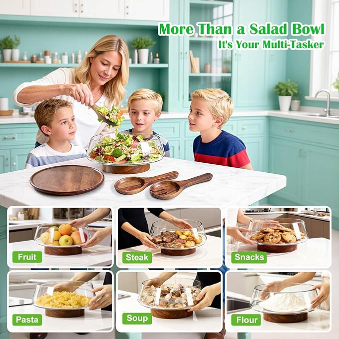 Extra Large Glass Salad Bowl with Lid Set, 5-Qt (160 fl oz) Mixing/Serving Bowl with Wood Base & Salad Servers, Trifle Bowl for Kitchen, Parties & Christmas