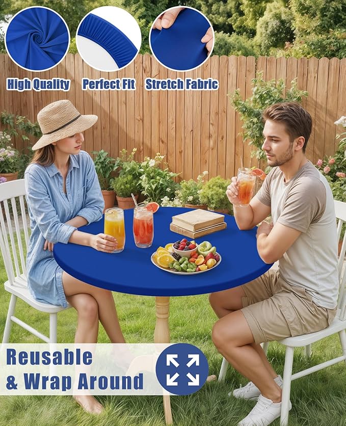 Round Spandex Tablecloth 2 Pack, Elastic Fitted Waterproof Tablecloths for 45"-56" Tables, Stretch Washable Picnic Table Cover for Camping, Dining, Indoor and Outdoor, Blue