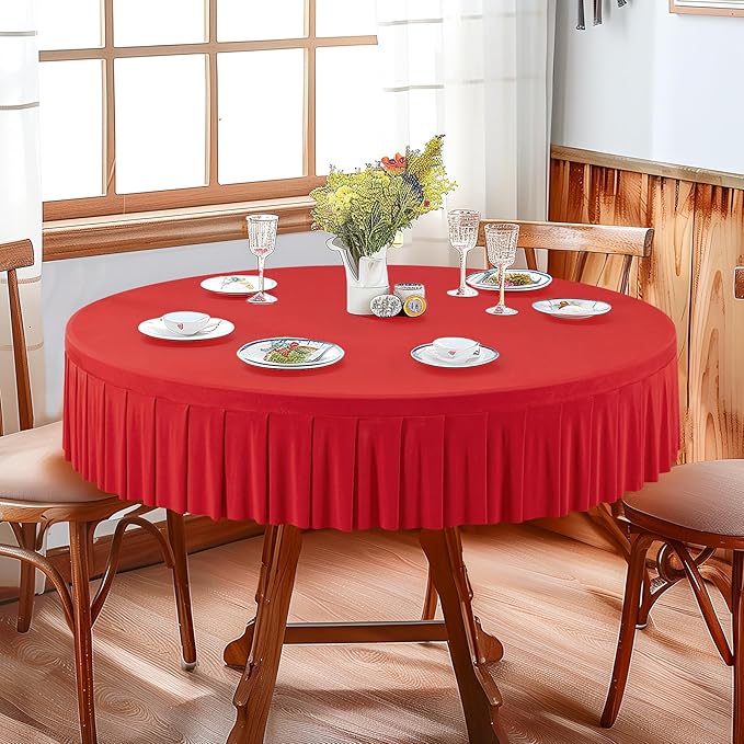 1 Pack Red Spandex Round Tablecloths for 60 inch Table, Stretchy Fitted 5FT Round Table Cloth with Wrinkle Free Skirt for Wedding Party Dining Banquet