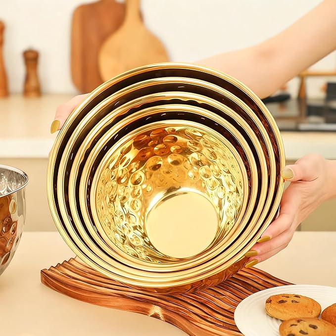 Gold Mixing Bowls Set of 5, Stainless Steel Mixing Bowls, Metal Nesting Salad Bowls Kitchen Food Storage Containers for Cooking, Baking, Prepping Christmas Serving, No Lids, 1.6/2/3.2/4.2/4.9 QT