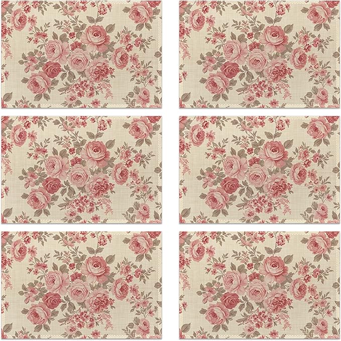 Colorful Floral Spring Plastic 12x18 Inch Placemats Set of 6 - Waterproof, Non-Slip & Washable Watercolor Flowers Table Mats for Kitchen & Dining Table Placemats