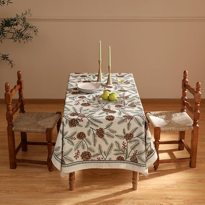 ISAENNE Designer Christmas Beige Linen Long Rectangle Tablecloth,Pinecones Pattern Indoor Table Cloths,Washable Decor Tablecloths for Dining Thanksgiving Kitchen Christmas,63"*94"-Carol B