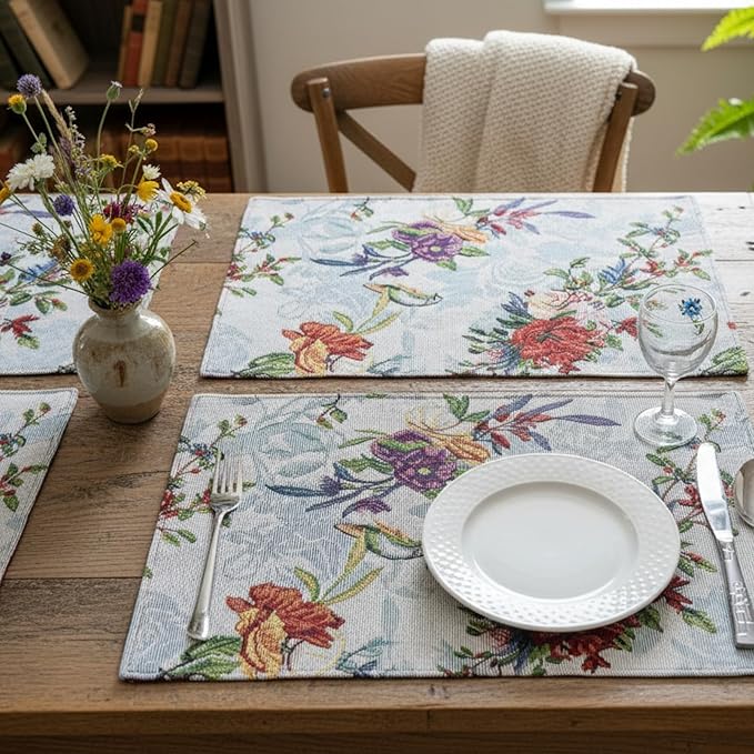 DaDa Bedding Tropical Paradise Floral Blue Roses Placemats - Set of 4 Tapestry Nature Birds Exotic Flowers Botanical Garden Berries - Decorative Linen Woven Kitchen Dining Table Mats - 13” x 19”