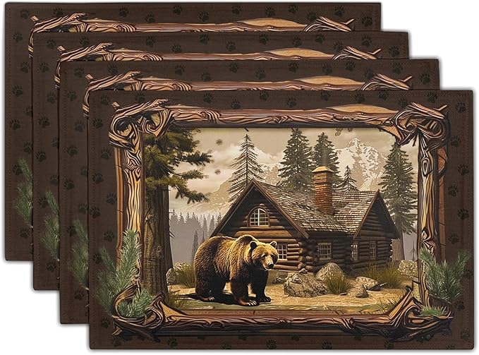 Bear Placemats Set of 4 - Lodge Cabin Place Mats 12x18 Inch Rustic Farmhouse Wild Animal Table Mats Country Woodland Kitchen Mats for Dining Table