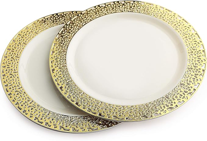 OCCASIONS 240 Plates Pack,(120 Guests) Heavyweight Premium Wedding Party Disposable Plastic Plates Set -120 x 10.25'' Dinner + 120 x 7.5'' Salad/Dessert (Florence Ivory/Gold)