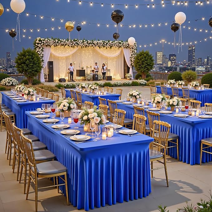 Wish Care 2 Pack Royal Blue Spandex Table Clothes for 4 Foot Rectangle Tables, 4FT Wrinkle Free Fitted Tablecloths Ruffles Design Table Cloth for Party, Banquet, Wedding and Events