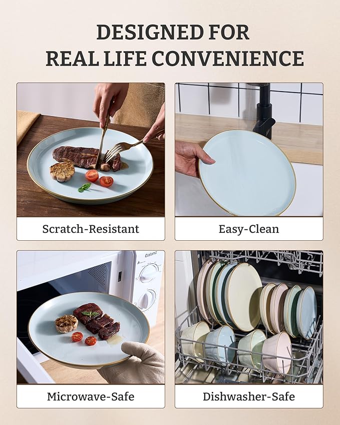 Famiware Saturn Dinnerware Sets, Plates and Bowls Sets for 4, 12 Pieces Stoneware Dish Set - Chip and Scratch Resistant, Microwave and Dishwasher Safe Tableware Set, Light Blue with Rim