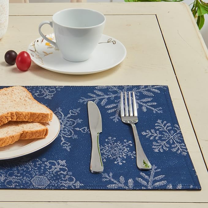 Cloth Place Mats Set of 8–Reusable Rectangular Waterproof Fabric Polyester Washable Wipeable Heat Resistant Jacquard Sparkling Metallic Snowflake for Kitchen Table(Navy Silver/13x19 Inch)