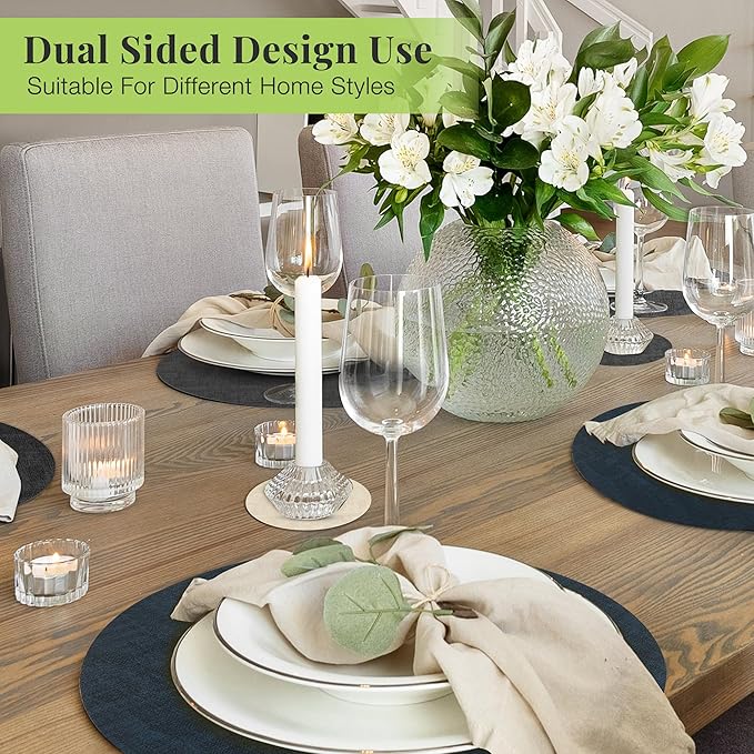 13-Inch Faux Leather Round Placemats Set of 8, Waterproof Anti-Slip Dual Sided Place mats, Heat Resistant Washable Table Mats with Coaster, Suitable for Indoor & Outdoor (8, Black Navy Blue)