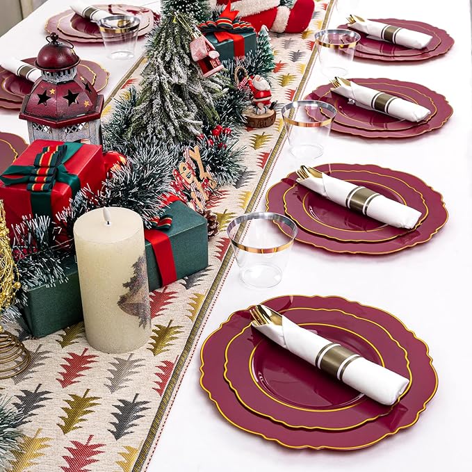 Liacere 350PCS Red Plastic Plates-Disposable Burgundy Red and Gold Plates 50guest Baroque Plastic Dinnerware include 100Plates, 50Pack Pre Rolled Napkins with Silverware 50Cups for Christmas