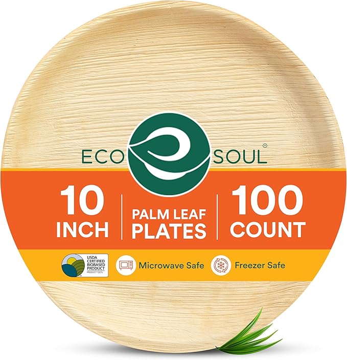 ECO SOUL Palm Leaf Disposable Bamboo Plates 10" Round Compostable & Biodegradable Party Plates for Dinner, Weddings, Parties & Events 100 Count