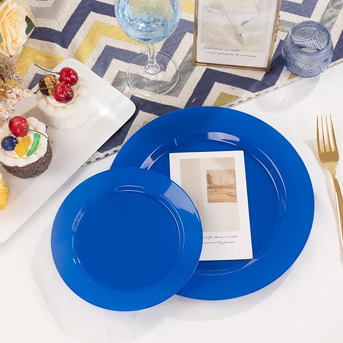 I00000 102 Pcs Plastic Plates, Plates Disposable Blue Party Plates Include 51 Blue Dinner Plate 10’’ and 51 Plastic Dessert Plate 7’’ Perfect for Wedding, Party