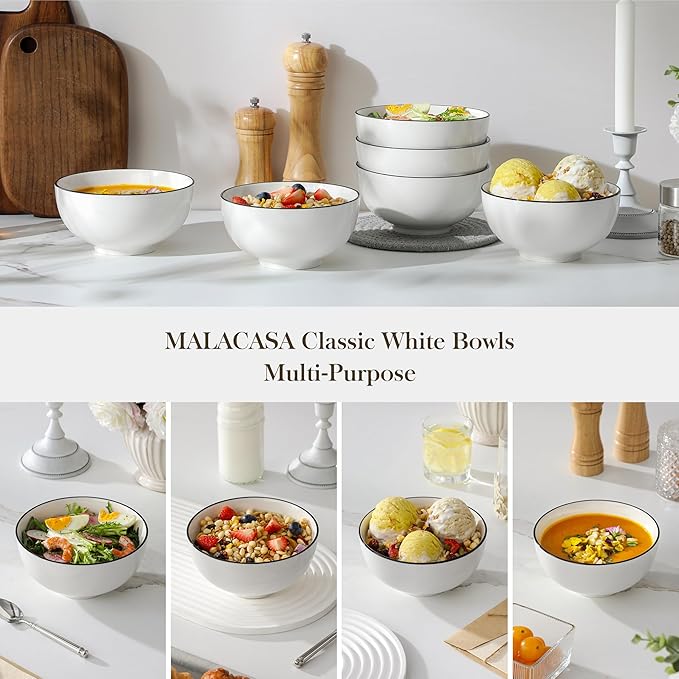 MALACASA Ceramic Soup Bowls, 26Oz Cereal Bowls Set of 6 for Soup, Cereal, Oatmeal, Fruit, Rice - Porcelain Serving Bowl for Kitchen, Dishwasher and Microwave Safe, Series Regular
