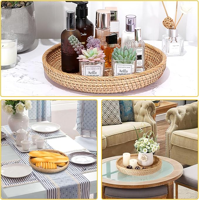 Hipiwe Round Key Basket Bowl for Entryway Table, 11.8" Large Rattan Tray Decorative Ottoman Trays Centerpiece for Coffee Table, Hand-Woven Fruit Basket Wicker Serving Trays